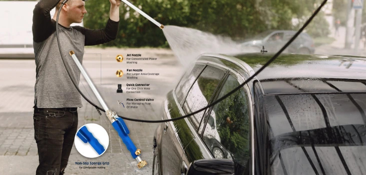 man washing car with HydroBlast Power Nozzle